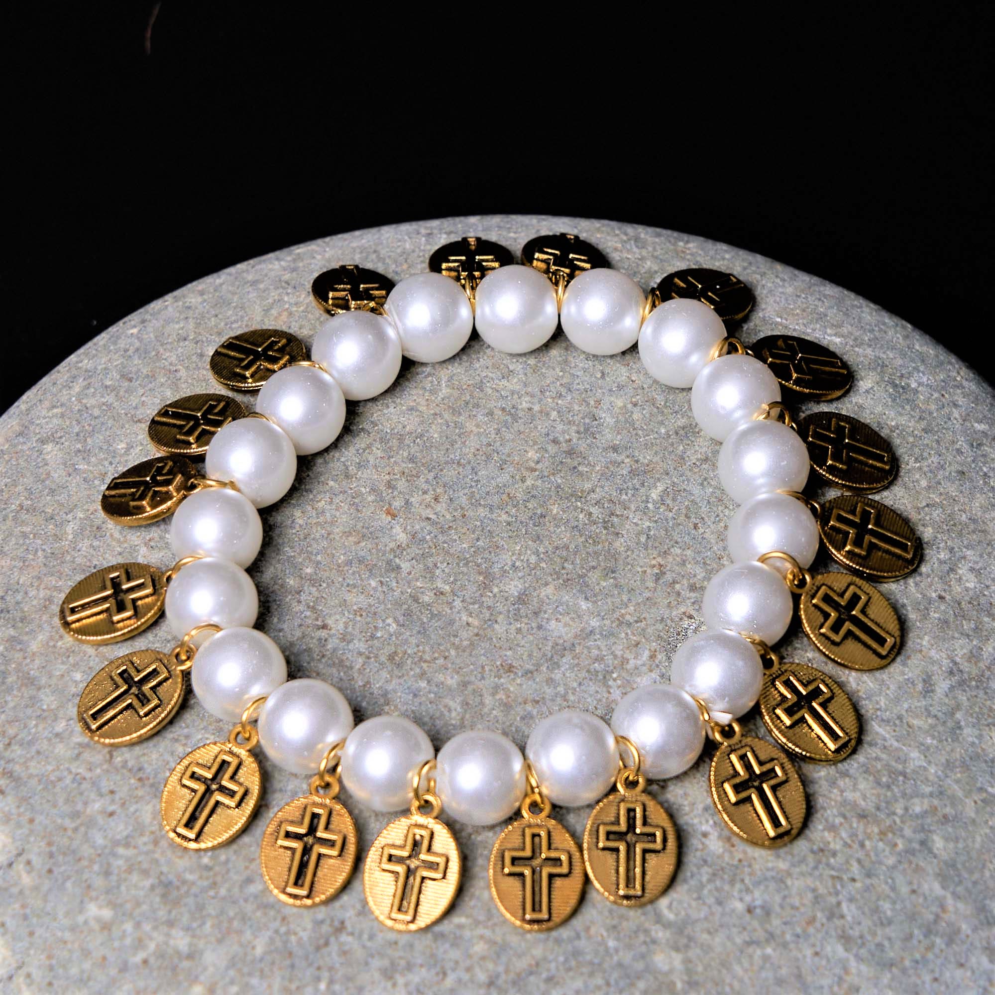 Pulsera de perlas con cruces y medallas de Jesús y María de estilo retro