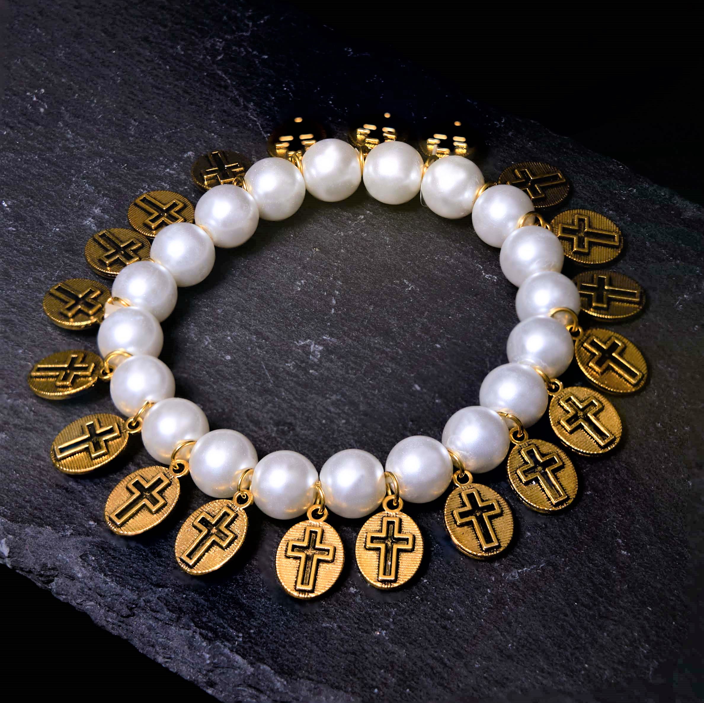 Pulsera de perlas con cruces y medallas de Jesús y María de estilo retro