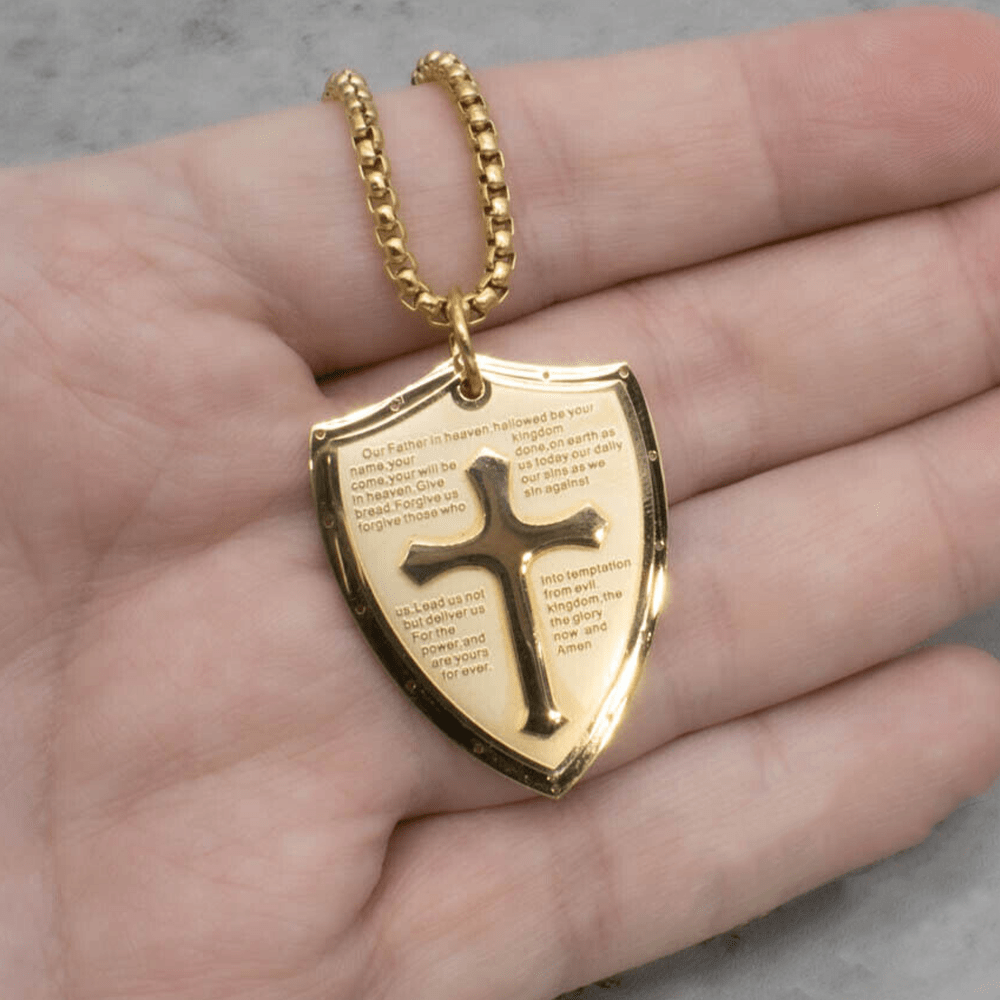Collar con colgante de escudo cruzado del Padre Nuestro de acero inoxidable