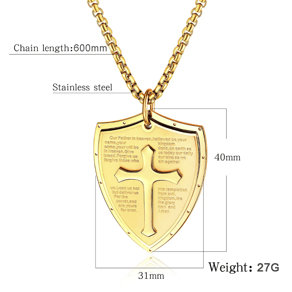 Collar con colgante de escudo cruzado del Padre Nuestro de acero inoxidable