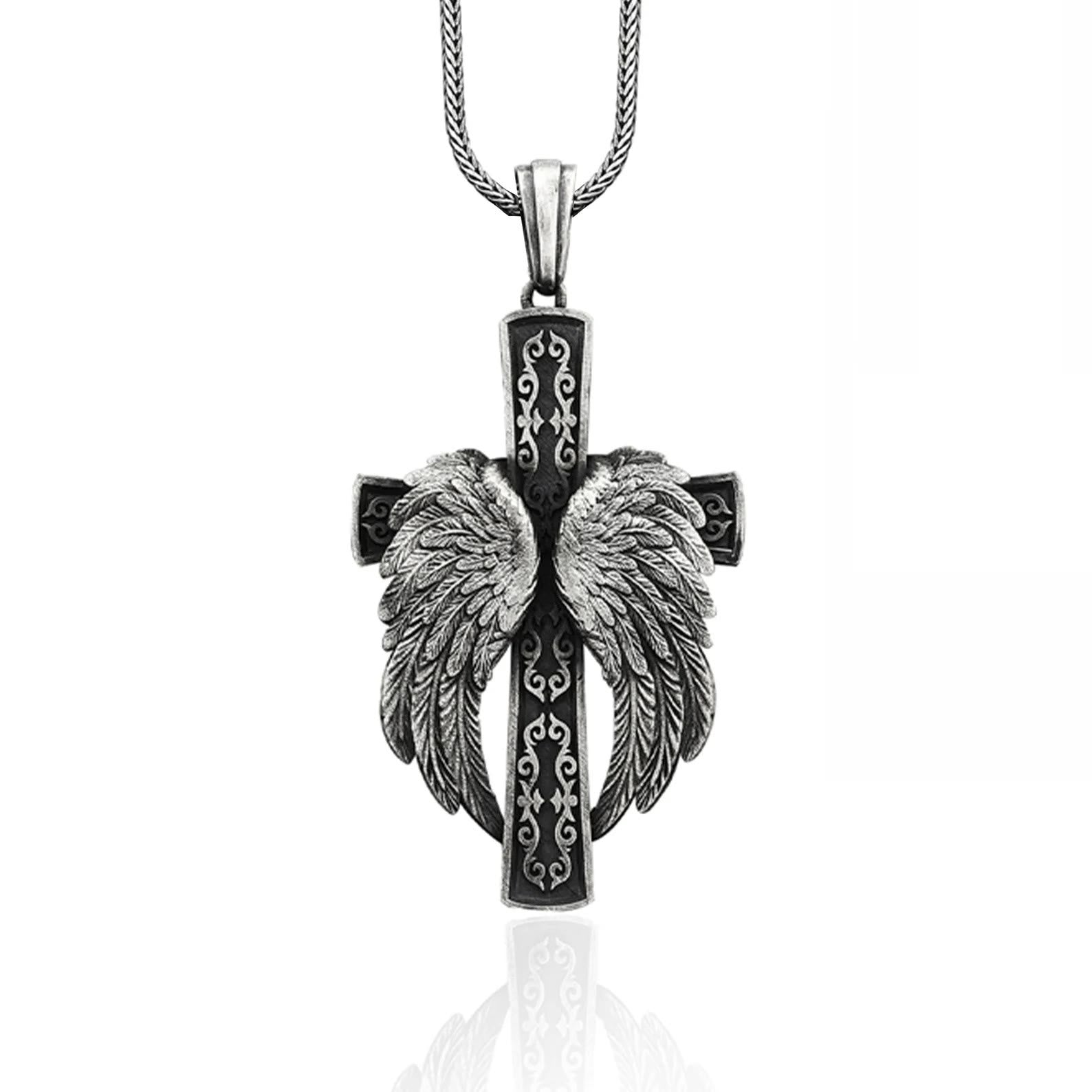 Colgante de plata con cruz alada, collar cristiano