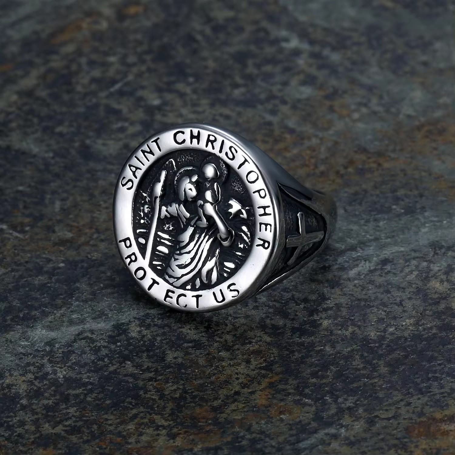 Saint Christopher Protect Us Medal Signet Ring