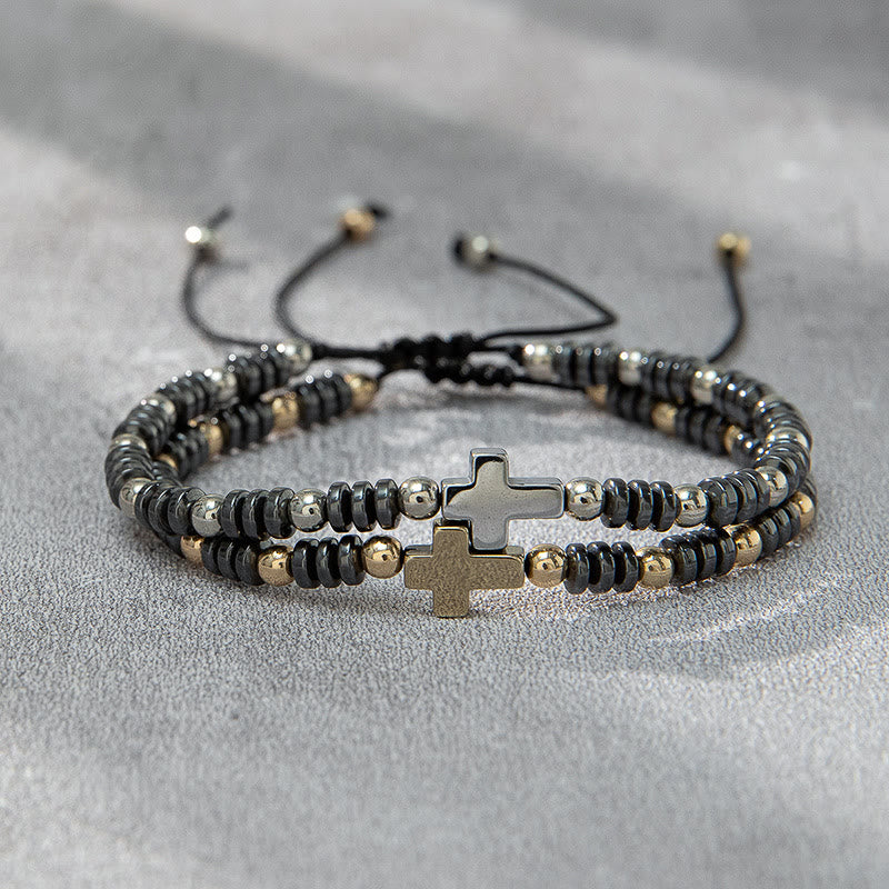 Pulsera apilable de hematita con abalorios y 2 cruces