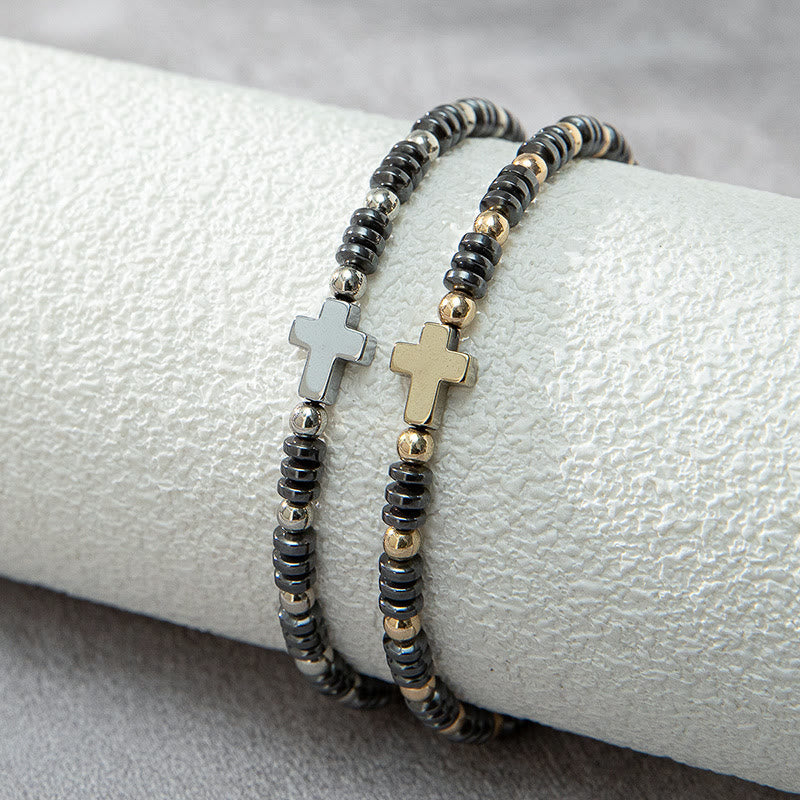 Pulsera apilable de hematita con abalorios y 2 cruces