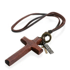 Vintage Wood Cross Adjustable Leather Necklace