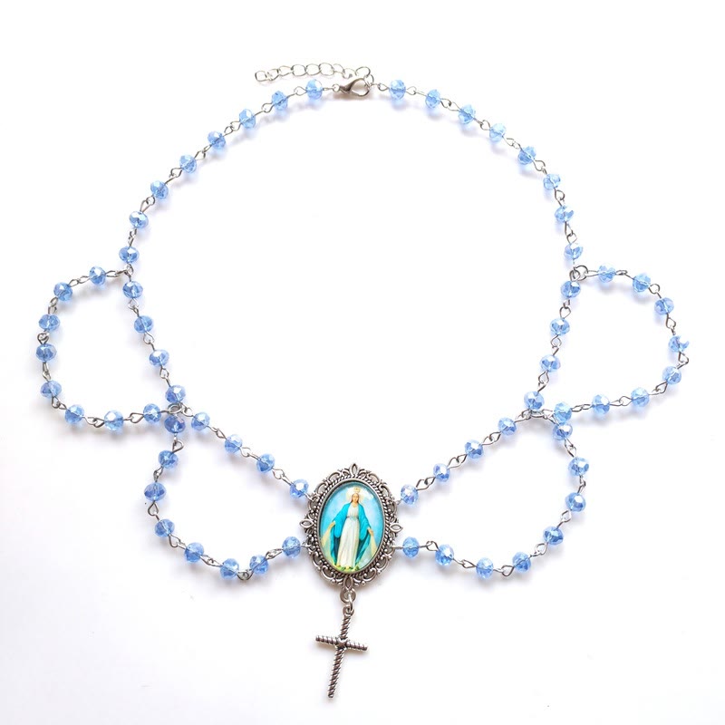 Colgante de cristal de la Virgen Milagrosa con cadena de clavícula y cristal azul