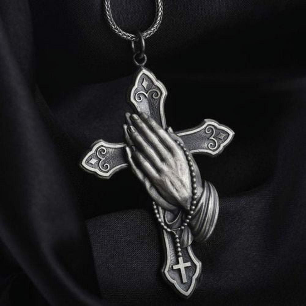 Colgante de cruz con manos orando estilo clásico, collar de titanio