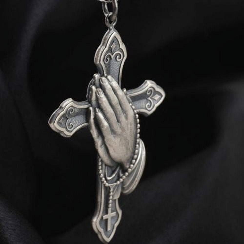 Colgante de cruz con manos orando estilo clásico, collar de titanio