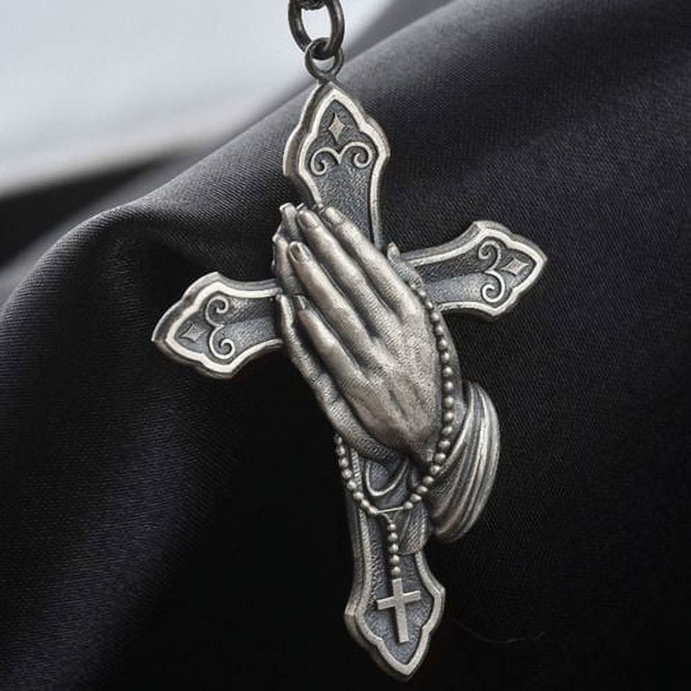 Colgante de cruz con manos orando estilo clásico, collar de titanio