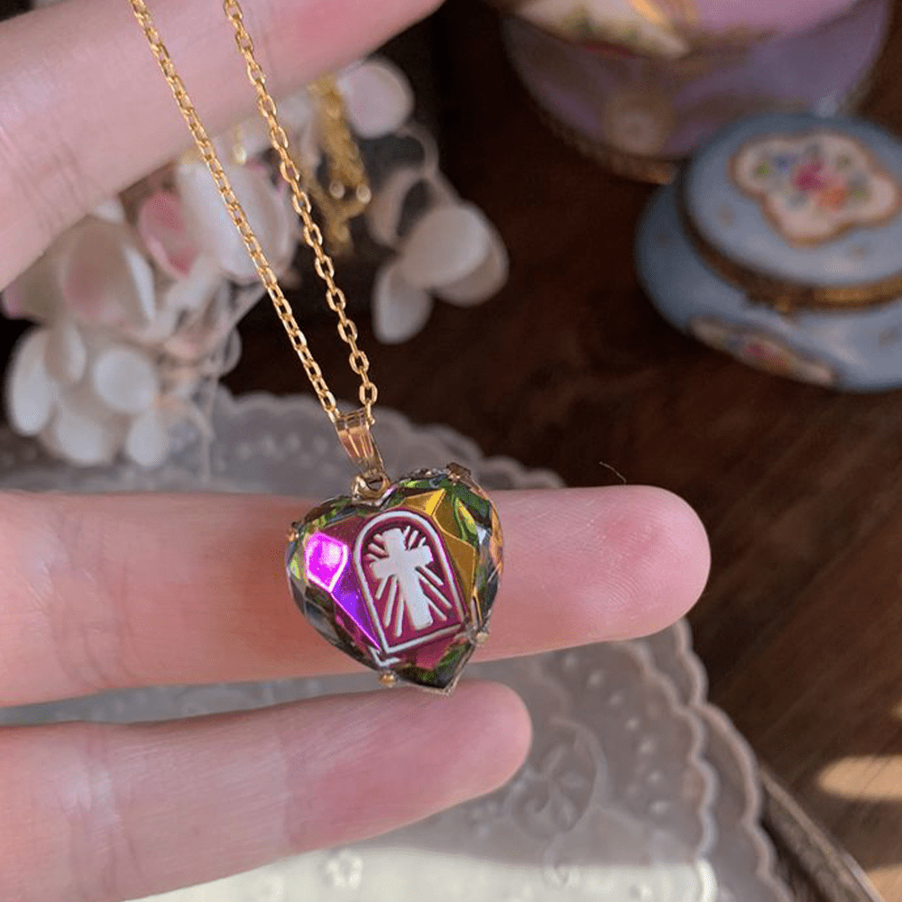 Intaglio Enamel Technique Vintage Style Iridescent Heart-Cross Glass Necklace