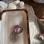 Intaglio Enamel Technique Vintage Style Iridescent Heart-Cross Glass Necklace