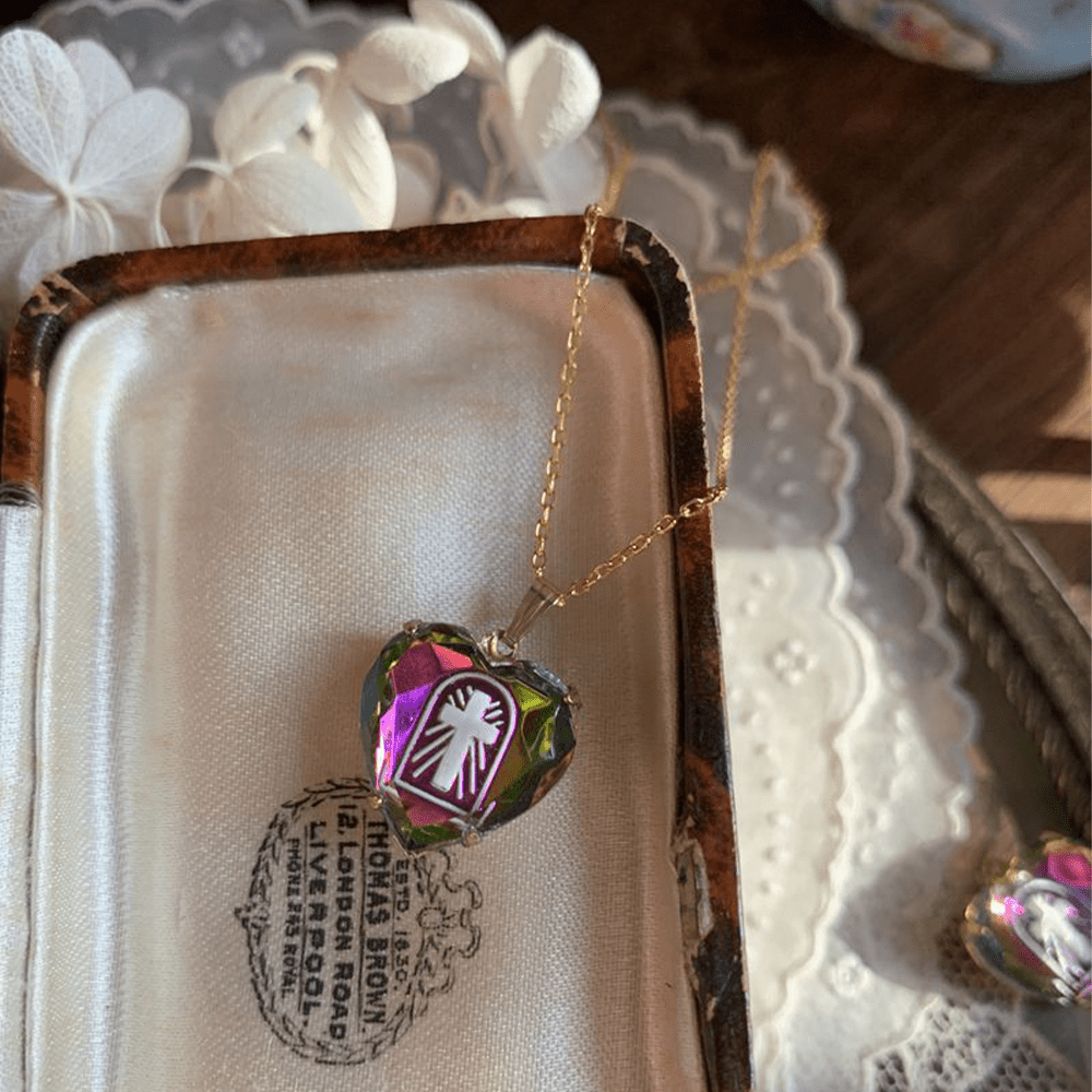 Intaglio Enamel Technique Vintage Style Iridescent Heart-Cross Glass Necklace