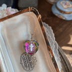 Intaglio Enamel Technique Vintage Style Iridescent Heart-Cross Glass Necklace