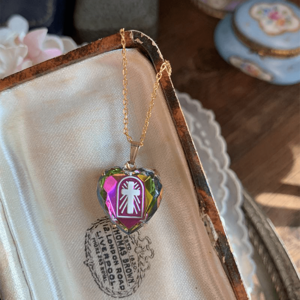 Intaglio Enamel Technique Vintage Style Iridescent Heart-Cross Glass Necklace