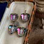 Intaglio Enamel Technique Vintage Style Iridescent Heart-Cross Glass Necklace