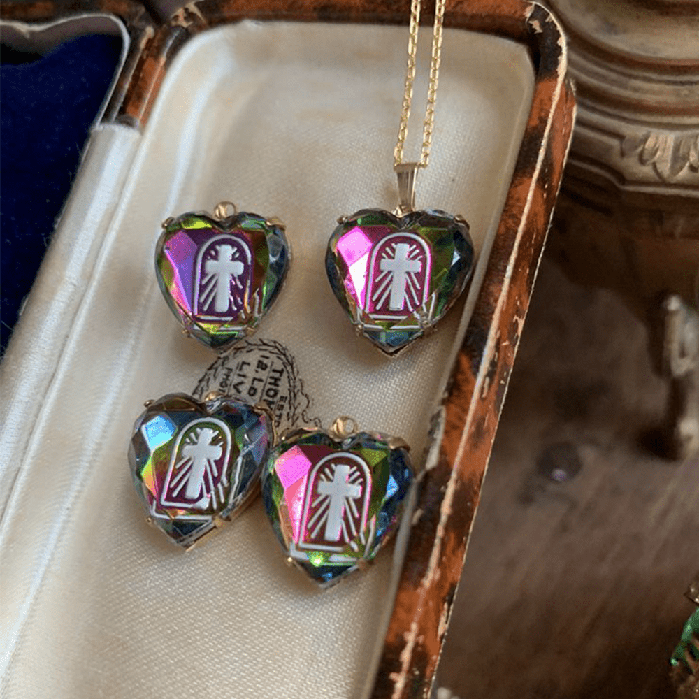 Intaglio Enamel Technique Vintage Style Iridescent Heart-Cross Glass Necklace