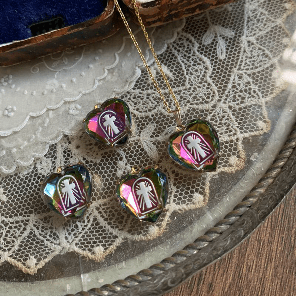 Intaglio Enamel Technique Vintage Style Iridescent Heart-Cross Glass Necklace