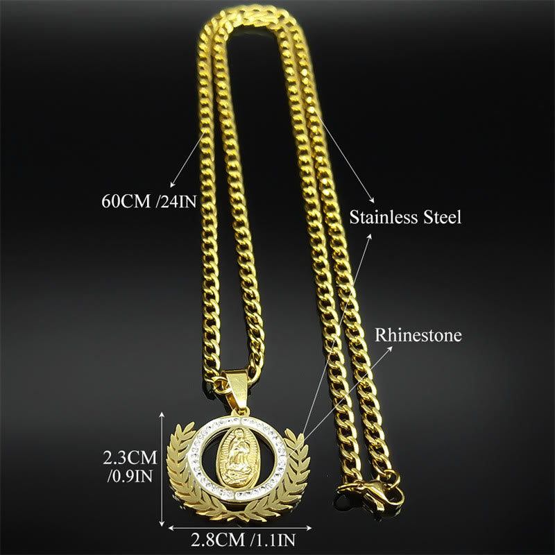 Collar con colgante de rama de olivo de estilo clásico con pedrería de Nuestra Señora de Guadalupe