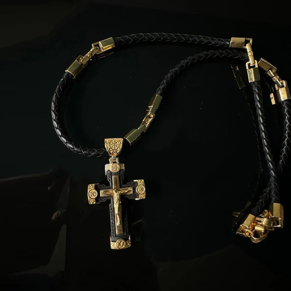 Collar con colgante de aleación negra y dorada, estilo de lujo, crucifijo, cruz de Jesús