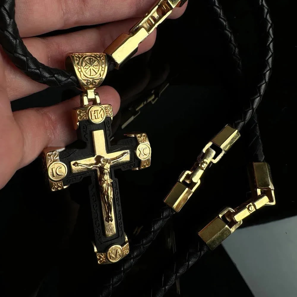 Collar con colgante de aleación negra y dorada, estilo de lujo, crucifijo, cruz de Jesús