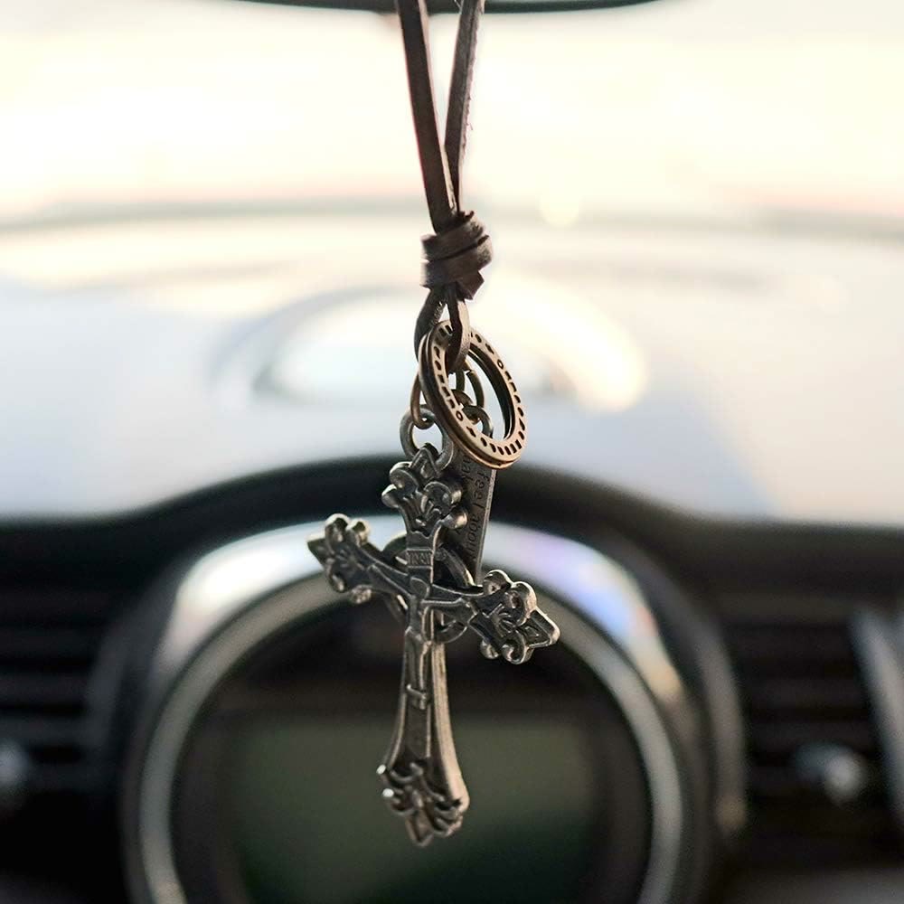 Collar de piel con colgante de crucifijo de estilo clásico retro