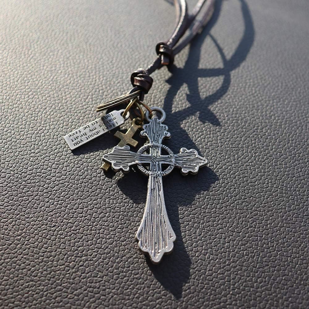 Collar de piel con colgante de crucifijo de estilo clásico retro