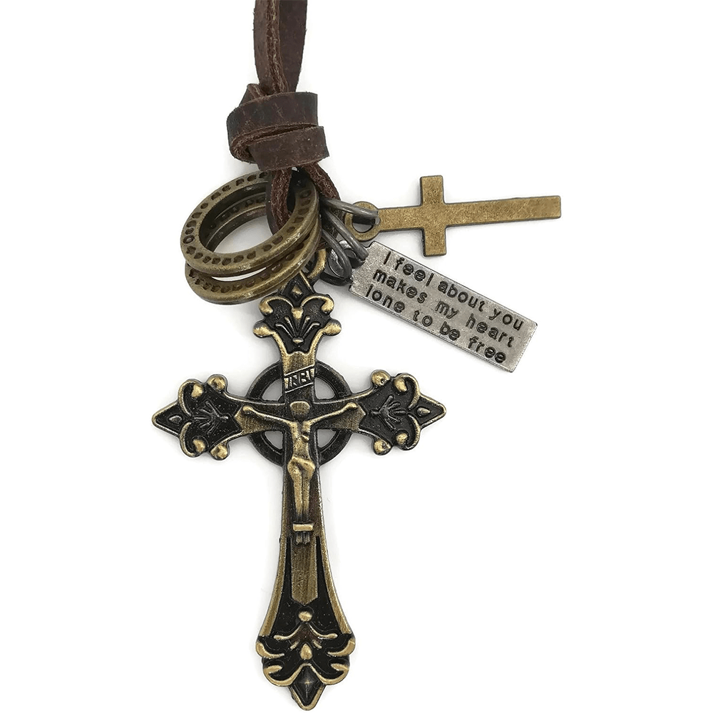 Collar de piel con colgante de crucifijo de estilo clásico retro