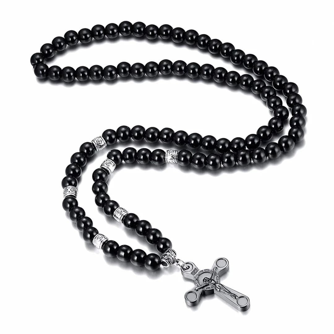 Collar con colgante de cuentas de gálgola negras, estilo retro noble, con crucifijo