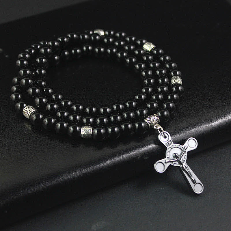 Collar con colgante de cuentas de gálgola negras, estilo retro noble, con crucifijo