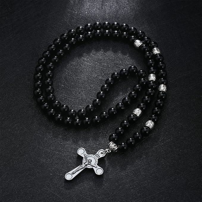 Collar con colgante de cuentas de gálgola negras, estilo retro noble, con crucifijo