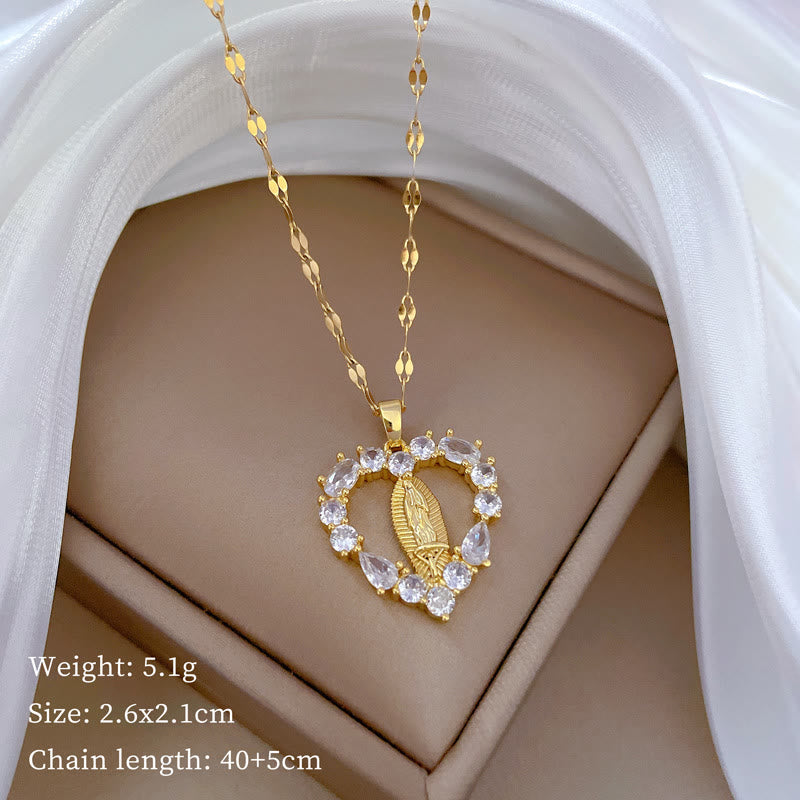Collar con colgante de Nuestra Señora de Guadalupe, estilo lujo, con incrustaciones de piedras preciosas en forma de corazón
