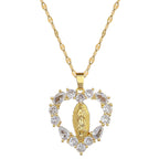 Collar con colgante de Nuestra Señora de Guadalupe, estilo lujo, con incrustaciones de piedras preciosas en forma de corazón
