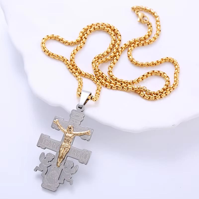 Collar con colgante de crucifijo retro de estilo clásico con ángeles