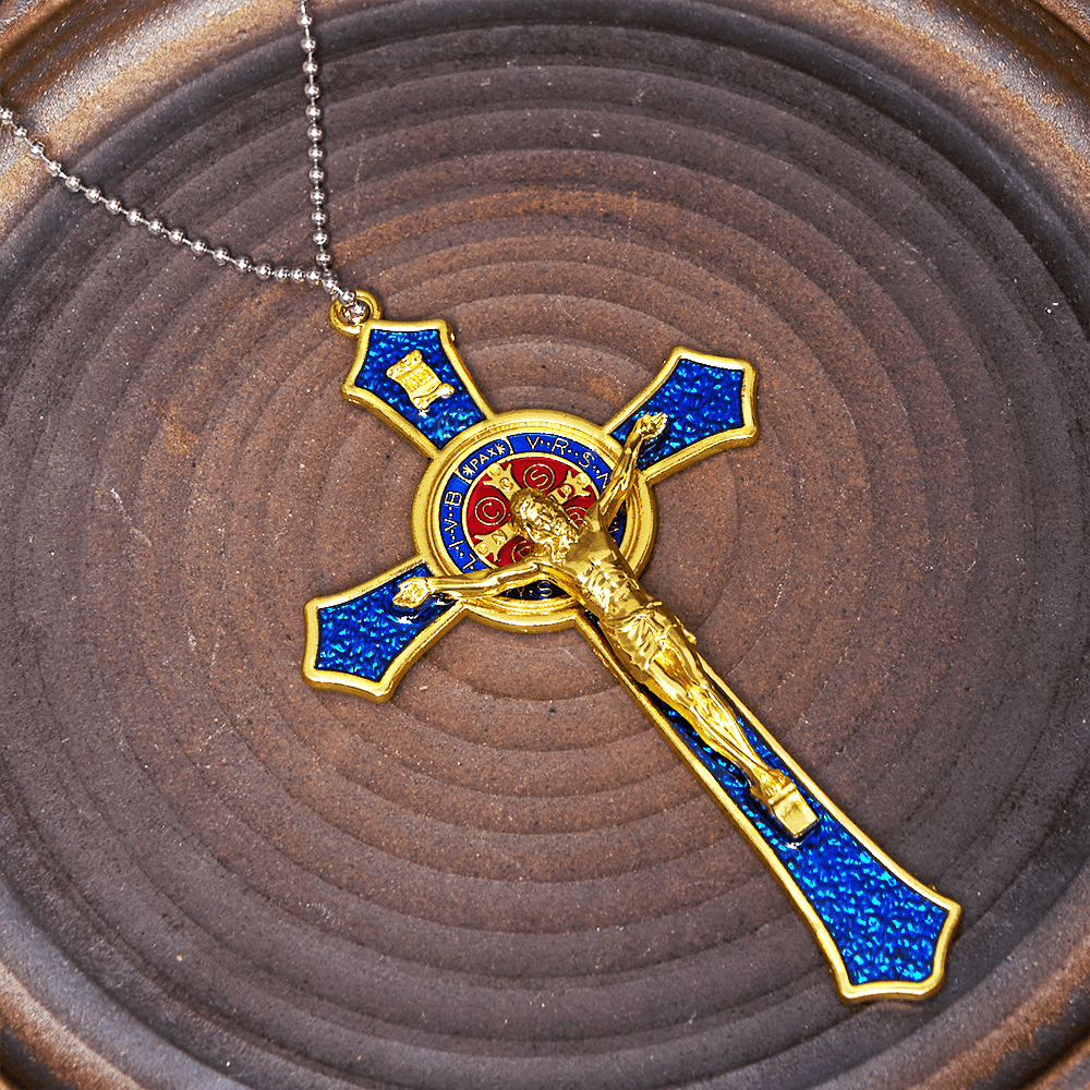 Collar con colgante grande de crucifijo artesanal rojo/azul estilo clásico (5 colores)