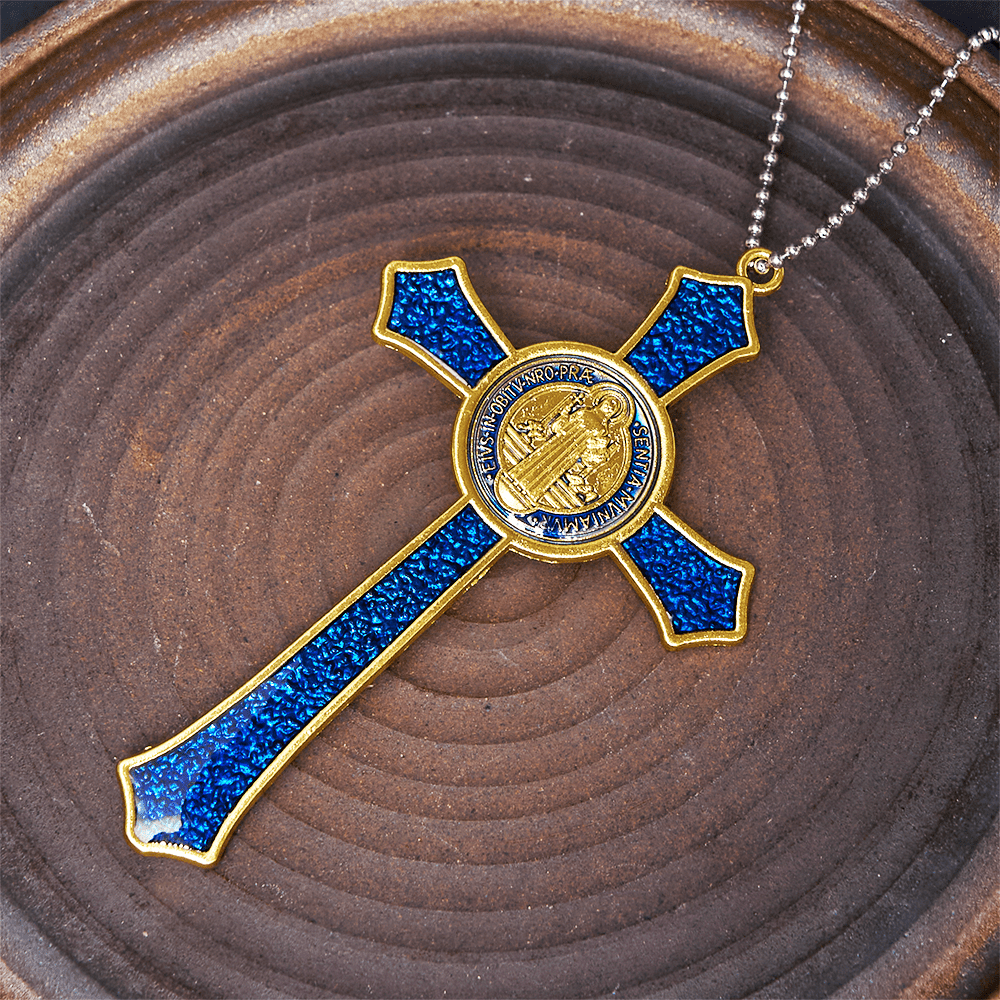 Collar con colgante grande de crucifijo artesanal rojo/azul estilo clásico (5 colores)