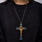 Collar con colgante grande de crucifijo artesanal rojo/azul estilo clásico (5 colores)