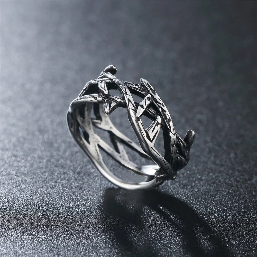Anillo de acero de titanio con corona de espinas de Jesús de estilo retro, elaborado a mano