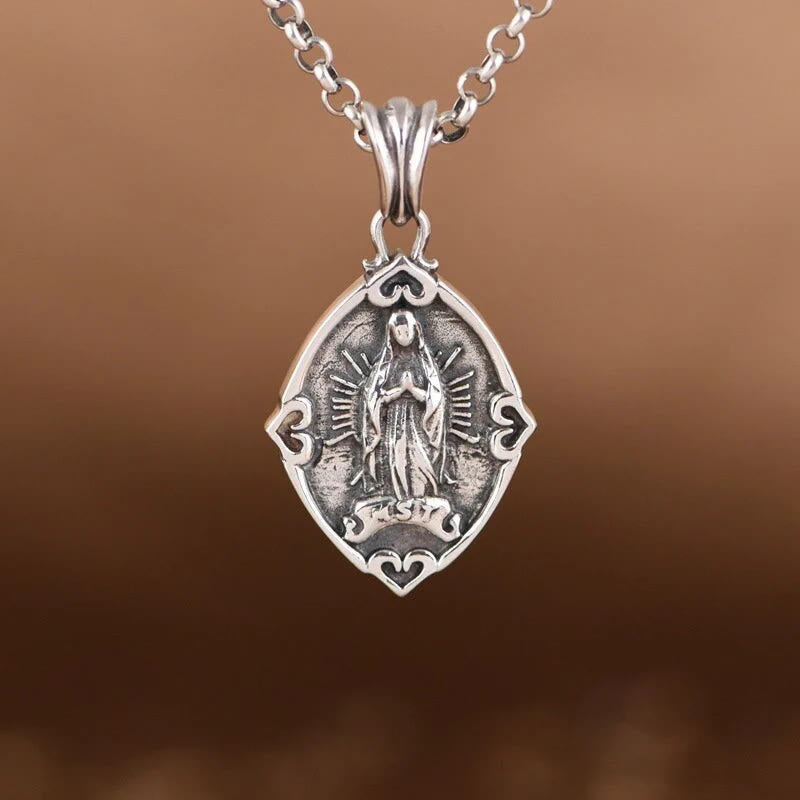Collar con Colgante de Plata Esterlina de la Virgen de Guadalupe Estilo Retro Artesanal