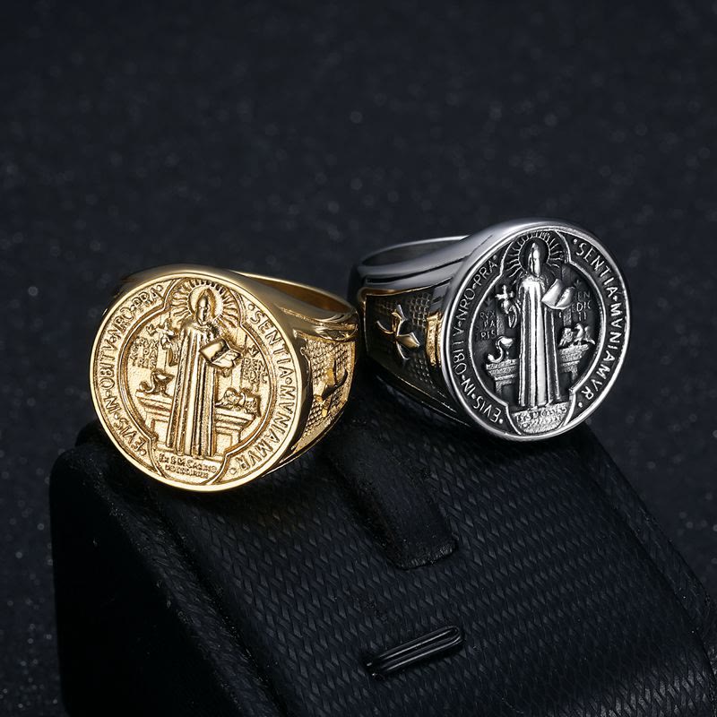 Anillo de acero de titanio clásico retro de protección de la fe de San Benito