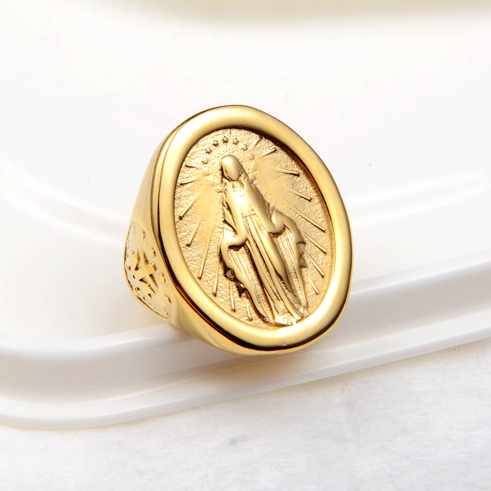 Anillo Clásico Estilo Minimalista Conexión de Fe Virgen María Medalla Milagrosa
