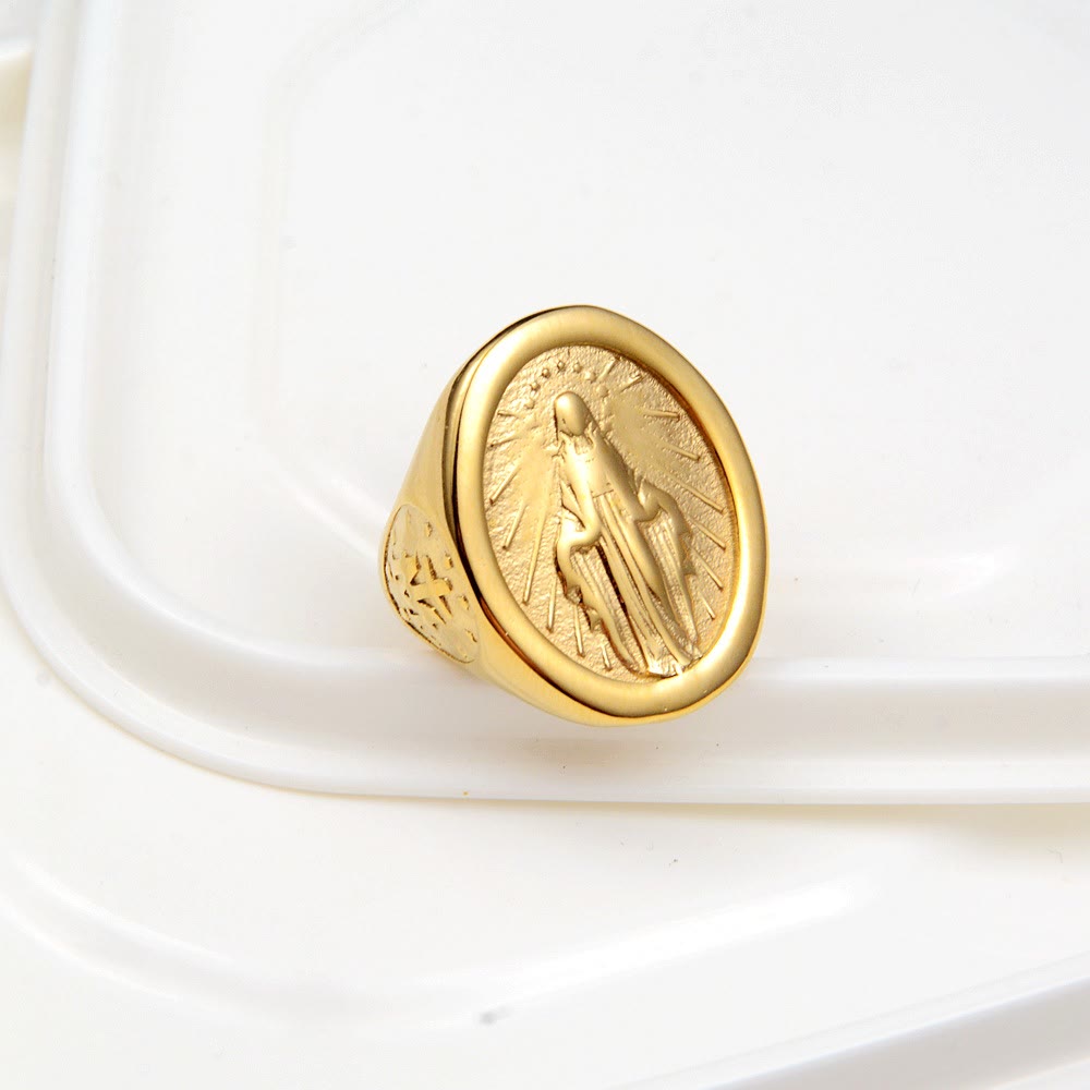 Anillo Clásico Estilo Minimalista Conexión de Fe Virgen María Medalla Milagrosa