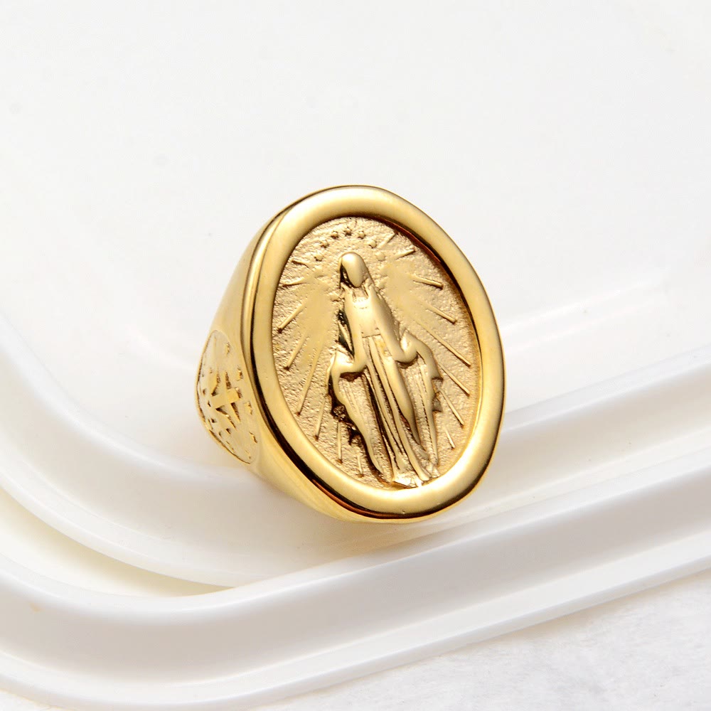 Anillo Clásico Estilo Minimalista Conexión de Fe Virgen María Medalla Milagrosa