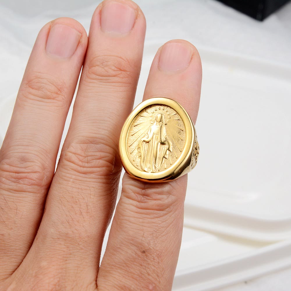 Anillo Clásico Estilo Minimalista Conexión de Fe Virgen María Medalla Milagrosa