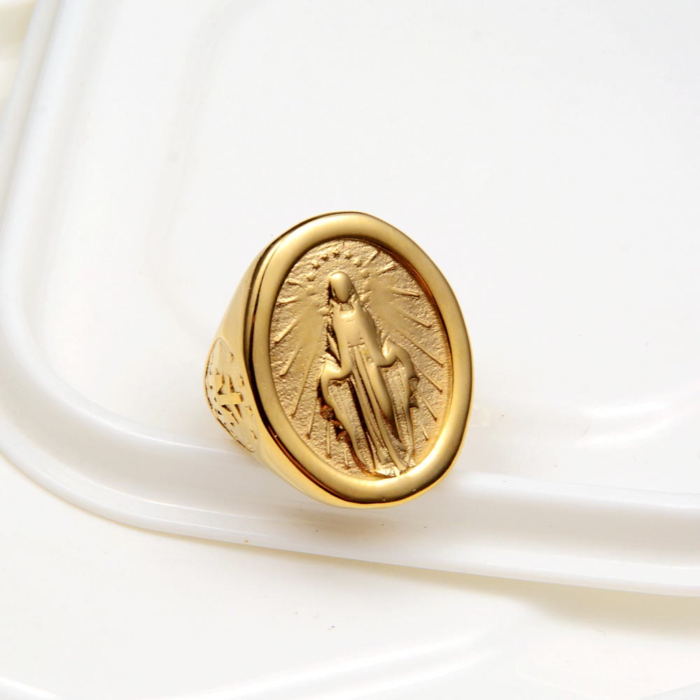 Anillo Clásico Estilo Minimalista Conexión de Fe Virgen María Medalla Milagrosa