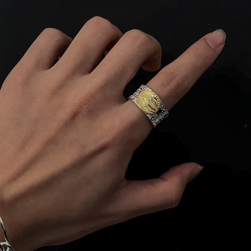 Anillo ajustable de aleación con Medalla Milagrosa de la Virgen María en oro de dos tonos estilo retro