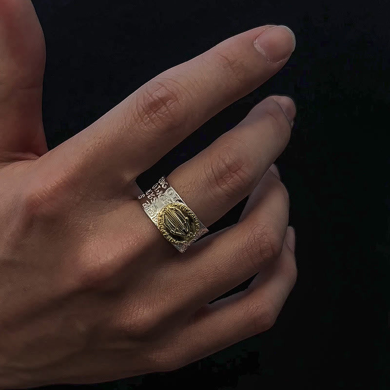 Anillo ajustable de aleación con Medalla Milagrosa de la Virgen María en oro de dos tonos estilo retro