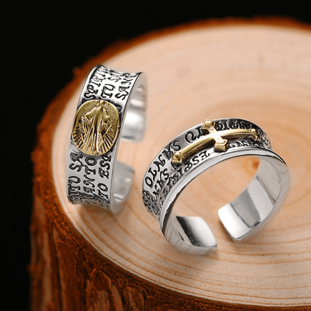Anillo ajustable de aleación con Medalla Milagrosa de la Virgen María en oro de dos tonos estilo retro
