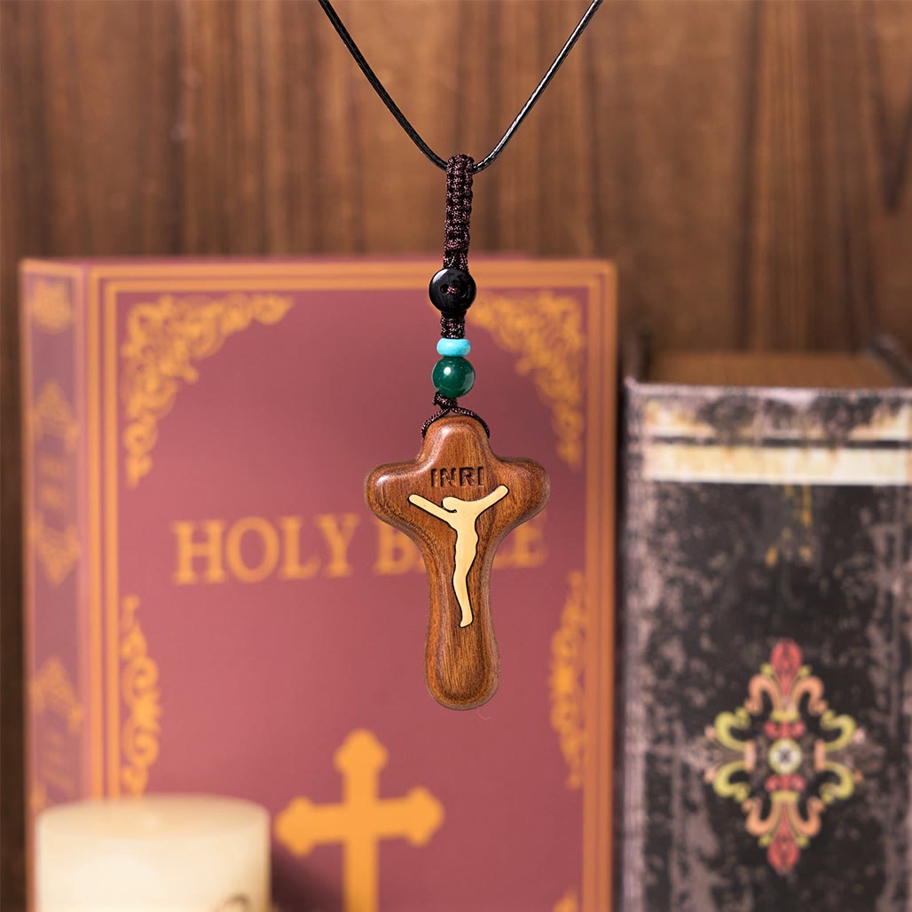 Llavero/Collar con colgante de amuleto de Cruz de Jesús minimalista de sándalo y boj