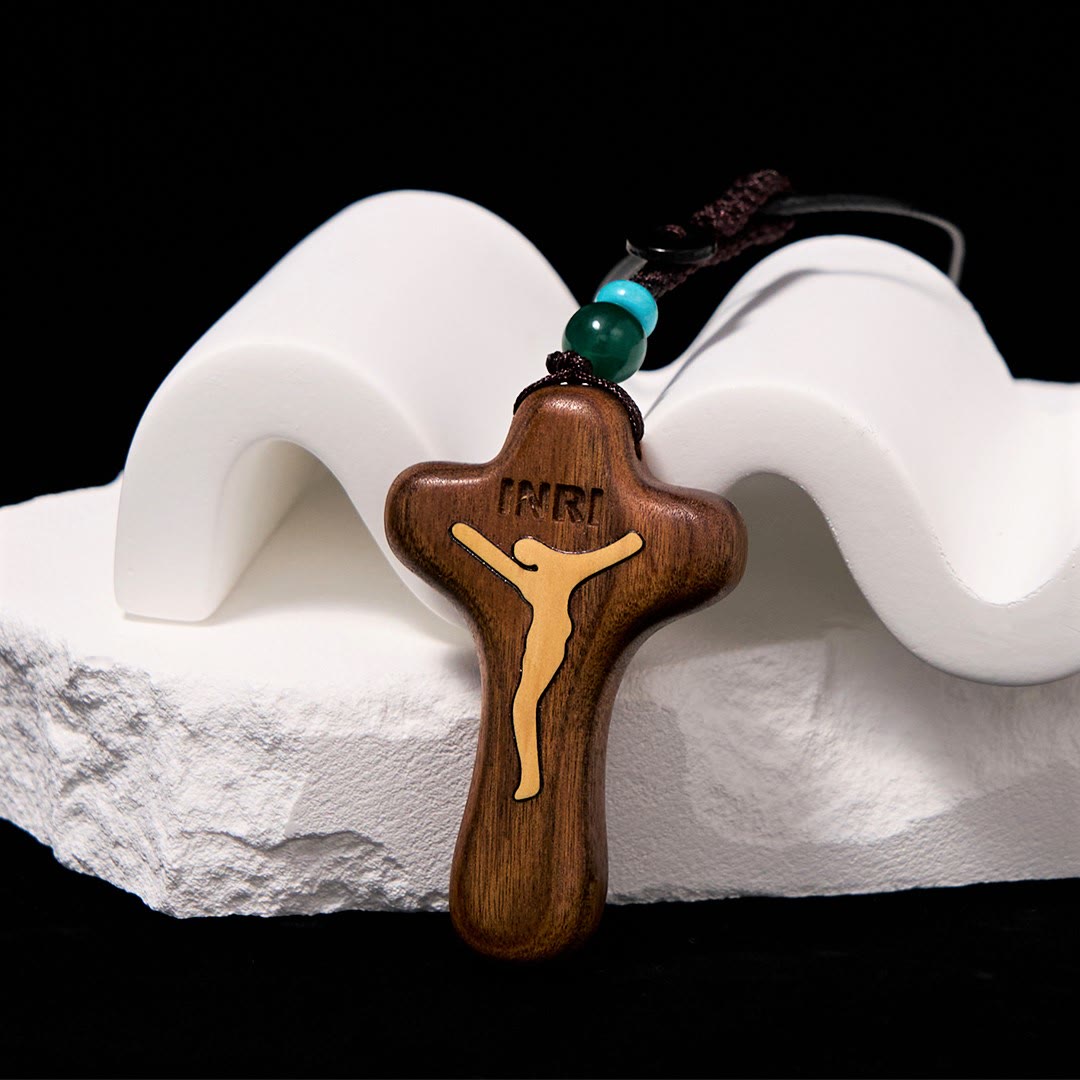 Llavero/Collar con colgante de amuleto de Cruz de Jesús minimalista de sándalo y boj