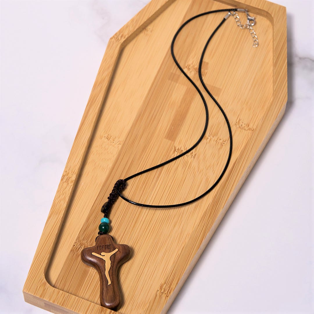 Llavero/Collar con colgante de amuleto de Cruz de Jesús minimalista de sándalo y boj